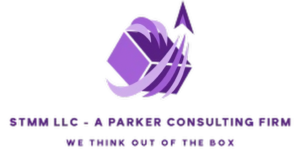 Purple logo featuring a stylized hat and arrow with text below.